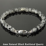Men's Women Gemstone Black Rutilated Quartz Bracelet 925 Sterling Silver Fleur de Lis Bead & Clasp DiyNotion BR1035