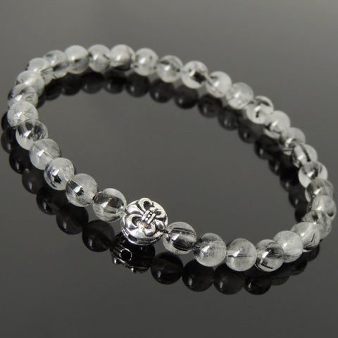 Men's Women Gemstone Black Rutilated Quartz Bracelet 925 Sterling Silver Fleur de Lis Bead DiyNotion BR1036