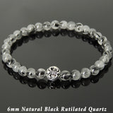 Men's Women Gemstone Black Rutilated Quartz Bracelet 925 Sterling Silver Fleur de Lis Bead DiyNotion BR1036