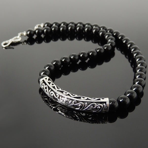 Men's Women Bright Black Onyx Necklace 925 Sterling Silver Lotus Charm DiyNoion Handmade NK175