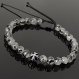 Men's Women Black Rutilated Quartz Adjustable Braided Bracelet 925 Sterling Silver Cross Bead DiyNotion BR1074