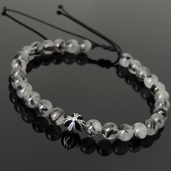 Men's Women Black Rutilated Quartz Adjustable Braided Bracelet 925 Sterling Silver Cross Bead DiyNotion BR1074