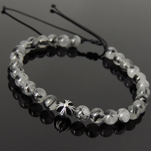 Men's Women Black Rutilated Quartz Adjustable Braided Bracelet 925 Sterling Silver Cross Bead DiyNotion BR1074