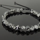 Men's Women Black Rutilated Quartz Adjustable Braided Bracelet 925 Sterling Silver Cross Bead DiyNotion BR1074