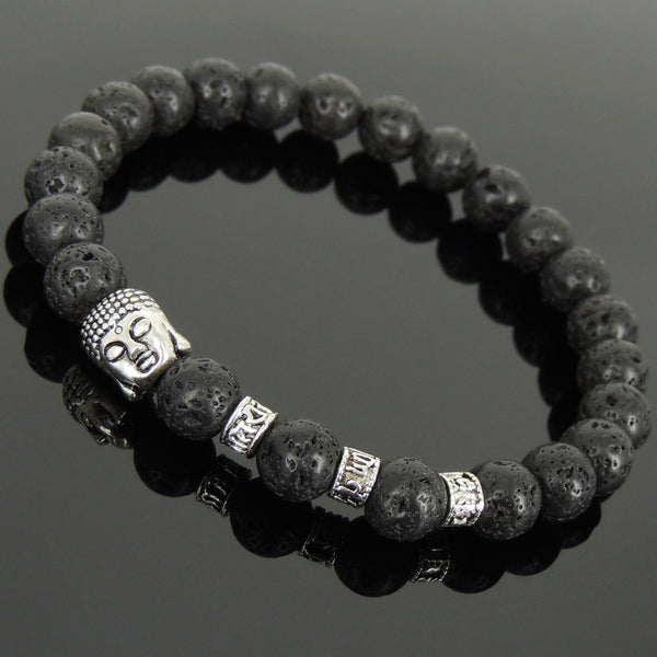 Men's Women Lava Rock Tibetan Silver Bracelet with Sakyamuni Buddha Bead OM Spacers DiyNotion Handmade T323