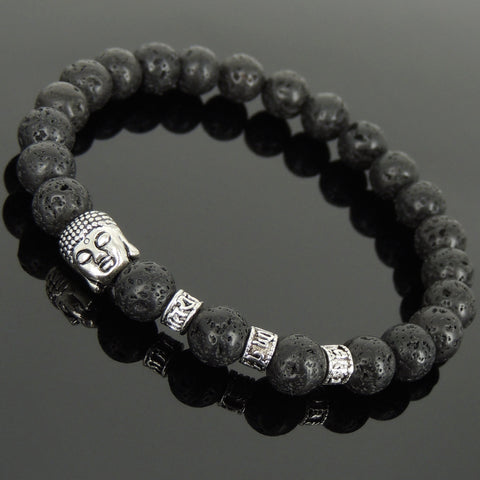 Men's Women Lava Rock Tibetan Silver Bracelet with Sakyamuni Buddha Bead OM Spacers DiyNotion Handmade T323