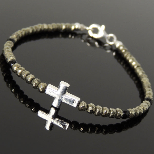 Men's Women Faceted Gold Pyrite Black Onyx Bracelet 925 Sterling Silver Cross Beads Clasp SMALL BEADS DiyNotion Handmade BR1078