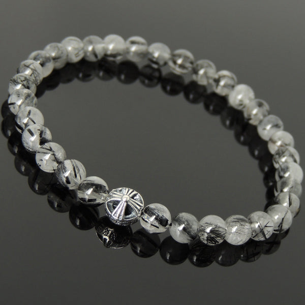 Men's Women Gemstone Black Rutilated Quartz Bracelet 925 Sterling Silver Cross Bead DiyNotion BR1037