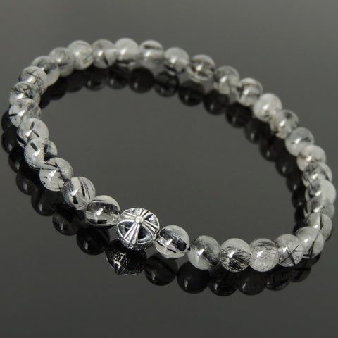 Men's Women Gemstone Black Rutilated Quartz Bracelet 925 Sterling Silver Cross Bead DiyNotion BR1037