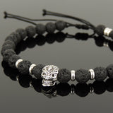 Men's Women Lava Rock Adjustable Braided Bracelet 925 Sterling Silver Skull & Spacers DiyNotion BR1080