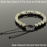 Men's Women Faceted Gold Pyrite Adjustable Braided Bracelet 925 Stamp Sterling Silver Charm DiyNotion BR1082