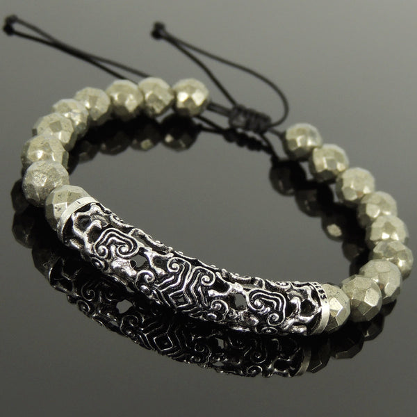 Men's Women Faceted Gold Pyrite Adjustable Braided Bracelet 925 Stamp Sterling Silver Charm DiyNotion BR1082