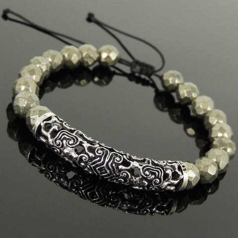 Men's Women Faceted Gold Pyrite Adjustable Braided Bracelet 925 Stamp Sterling Silver Charm DiyNotion BR1082