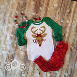 Green Custom Reindeer Monogram Ruffle Raglan with Sequin Pants & Chunky Bubblegum Necklace