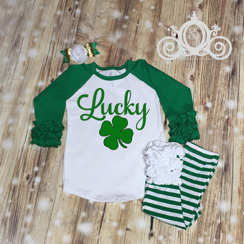 Girls Lucky St Pattys Day Striped Legging Outfit Kids Custom Ruffle Raglan Personalized Shirt Baby Toddler Shirt