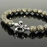 Men's Women Natural Faceted Gold Pyrite Bracelet 925 Sterling Silver Fleur de Lis Charm DiyNotion Handmade BR1084