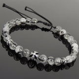 Men's Women Black Rutilated Quartz Adjustable Braided Bracelet 925 Sterling Silver Cross Beads DiyNotion BR1085