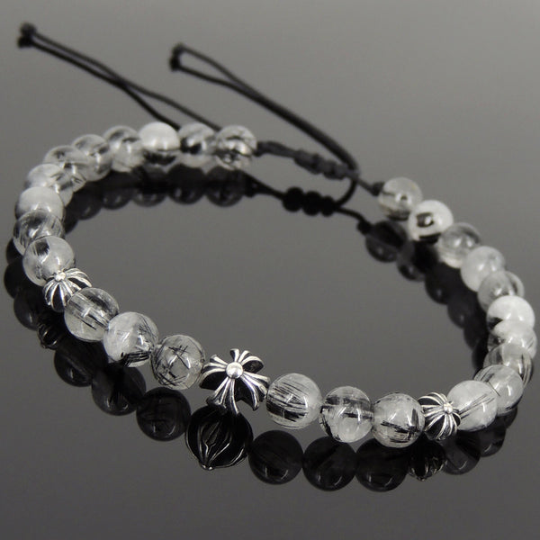 Men's Women Black Rutilated Quartz Adjustable Braided Bracelet 925 Sterling Silver Cross Beads DiyNotion BR1085