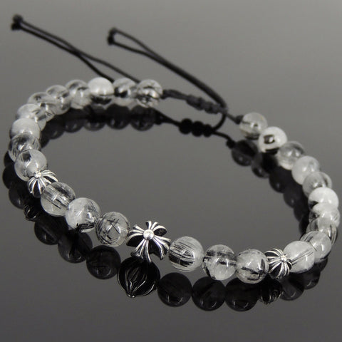 Men's Women Black Rutilated Quartz Adjustable Braided Bracelet 925 Sterling Silver Cross Beads DiyNotion BR1085