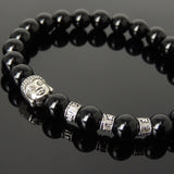 Men's Women Bright Black Onyx Tibetan Silver Bracelet with Buddha Head Bead OM Spacers DiyNotion Handmade T324
