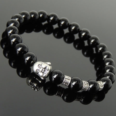 Men's Women Bright Black Onyx Tibetan Silver Bracelet with Smiling Buddha Head Bead OM Spacers DiyNotion Handmade T326