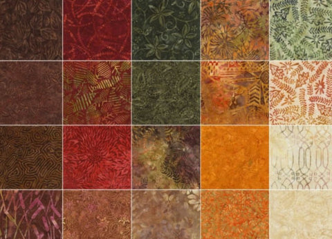 Tonga Treats Batiks - Autumn Charm Pack by Timeless Treasures - 42, 5 inch Precut Fabric Squares. Includes Free Pattern