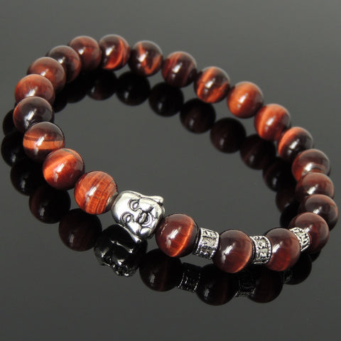 Men's Women Red Tiger Eye Tibetan Silver Bracelet with Smiling Buddha Bead OM Spacers DiyNotion Handmade T338