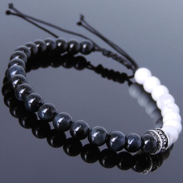 Men's Women White Howlite Blue Tiger Eye Adjustable Braided Bracelet 925 Sterling Silver Cross Spacers DiyNotion BR894