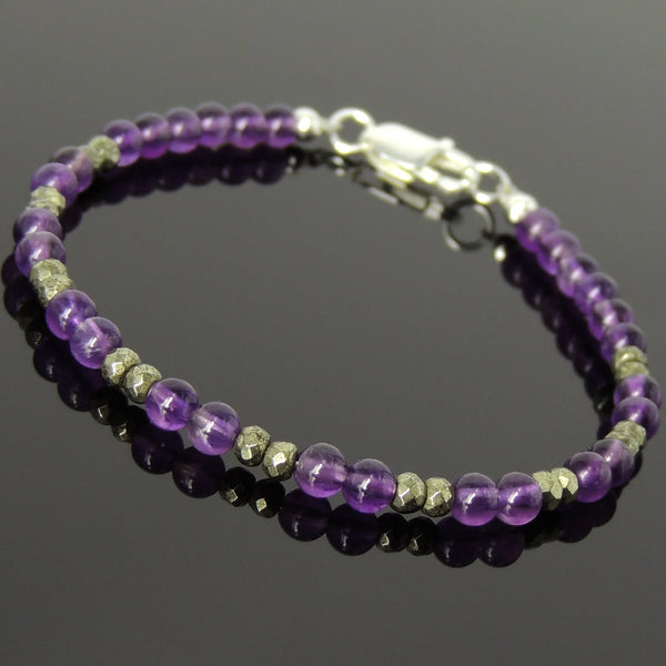 Men's Women 4mm Amethyst Faceted Gold Pyrite Bracelet 925 Sterling Silver Beads Clasp SMALL BEADS DiyNotion Handmade BR1088