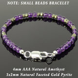 Men's Women 4mm Amethyst Faceted Gold Pyrite Bracelet 925 Sterling Silver Beads Clasp SMALL BEADS DiyNotion Handmade BR1088