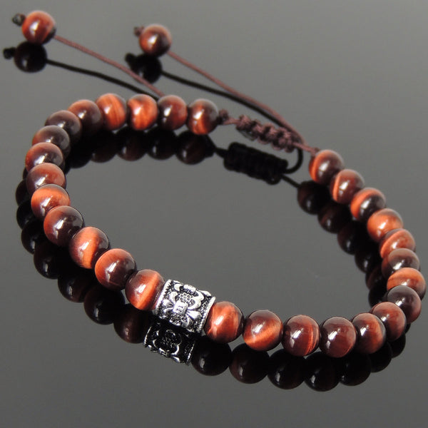 Men's Women Red Tiger Eye Adjustable Braided Bracelet 925 Sterling Silver Fleur de Lis Bead DiyNotion BR770