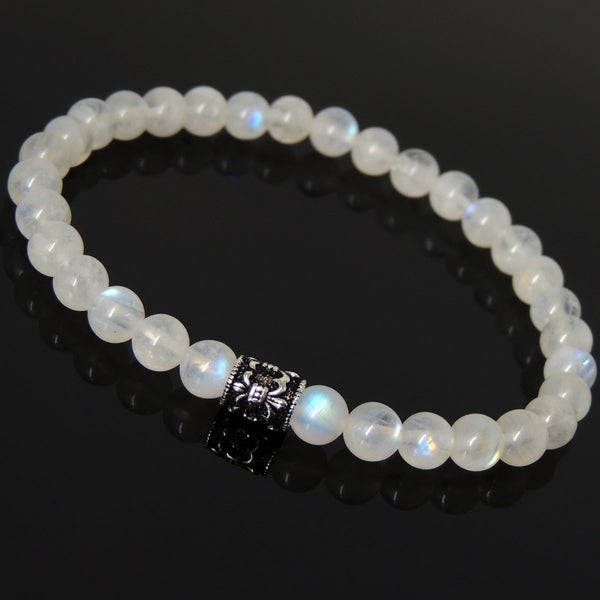 Men's Women Gemstone Strong Flash Moonstone Bracelet 925 Sterling Silver Fleur de Lis Bead DiyNotion BR1041
