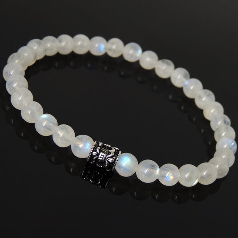 Men's Women Gemstone Strong Flash Moonstone Bracelet 925 Sterling Silver Fleur de Lis Bead DiyNotion BR1041