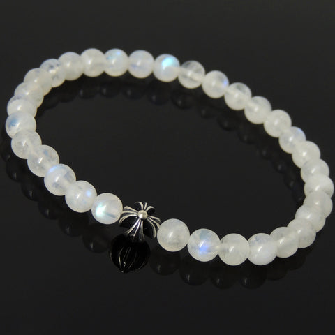 Men's Women Gemstone Strong Flash Moonstone Bracelet 925 Sterling Silver Cross Bead DiyNotion BR1042