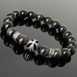 Men's Women Rainbow Black Obsidian Bracelet 925 Sterling Silver Cross Bead & Spacers DiyNotion BR1090