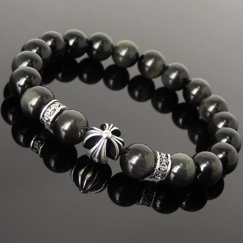 Men's Women Rainbow Black Obsidian Bracelet 925 Sterling Silver Cross Bead & Spacers DiyNotion BR1090