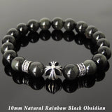 Men's Women Rainbow Black Obsidian Bracelet 925 Sterling Silver Cross Bead & Spacers DiyNotion BR1090