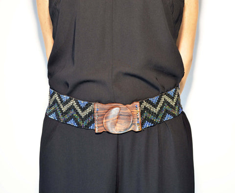 Woven Elastic Belt Beaded Belt Women's Belt Wooden Buckle Belt Elastic Belt Handmade Beaded Belt Gift For Her Cintura Elastica