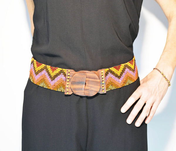 Elastic Belt Woven Beaded Belt Women's Belt Wooden Buckle Belt Elastic Belt Handmade Beaded Belt Gift For Her Cintura Elastica di Perline