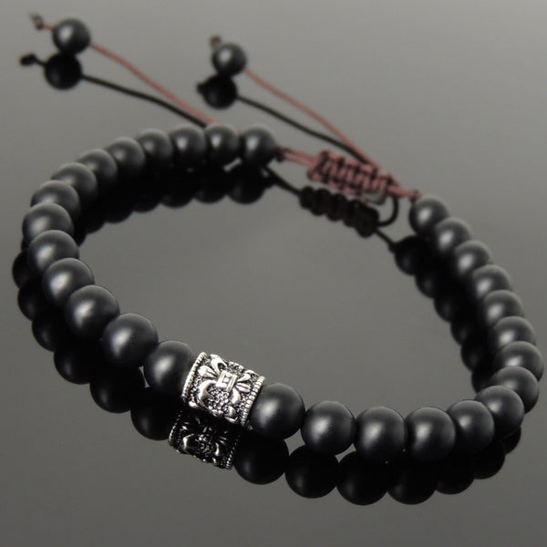 Men's Women Matte Black Onyx Adjustable Braided Bracelet 925 Sterling Silver Fleur de Lis Bead DiyNotion BR773