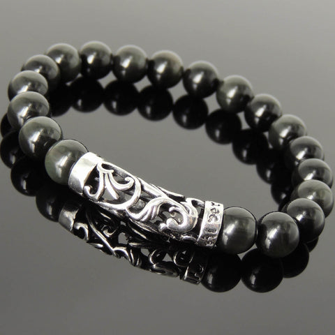 Men's Women Rainbow Black Obsidian Bracelet 925 Stamp Sterling Silver Charm DiyNotion BR1097