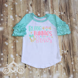 Bling Bunnies and Bows Easter Custom Ruffle Raglan Personalized Shirt Girl Baby Toddler Shirt