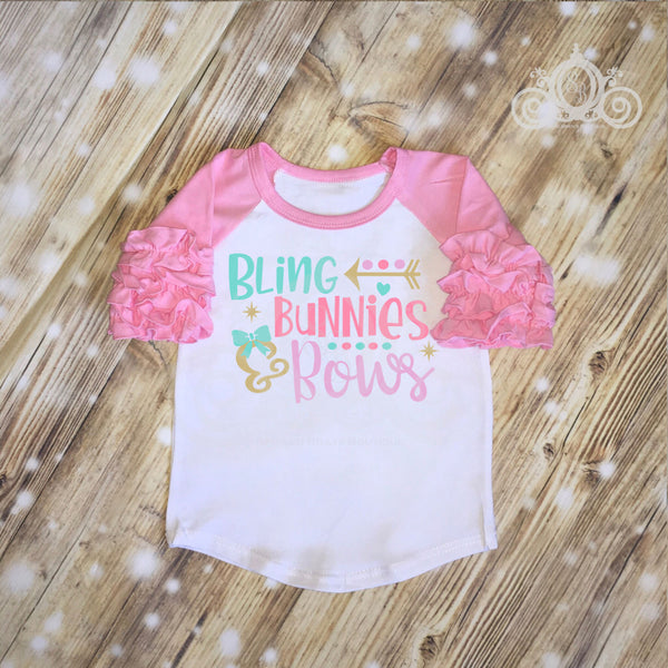 Bling Bunnies and Bows Easter Custom Ruffle Raglan Personalized Shirt Girl Baby Toddler Shirt