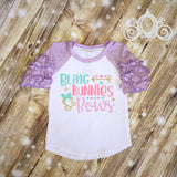 Bling Bunnies and Bows Easter Custom Ruffle Raglan Personalized Shirt Girl Baby Toddler Shirt