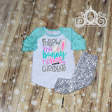 Follow the Bunny He has Chocolate Easter Custom Ruffle Raglan Personalized Shirt Girl Baby Toddler Shirt