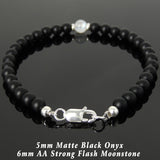 Men's Women Matte Black Onyx Strong Flash Moonstone Bracelet with 925 Sterling Silver Clasp DiyNotion Handmade BR1044