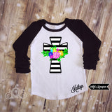 Floral Cross Custom Ruffle Raglan Monogram Personalized Shirt Girl Baby Toddler Shirt