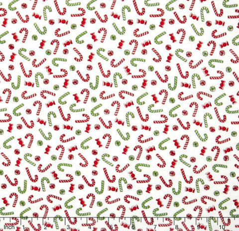 Storybook Christmas Circa 1930's-Candy Canes & Peppermints White Yardage by Whistler for Windham Fabrics-Sold By 1/2 Yard and 1 Yard