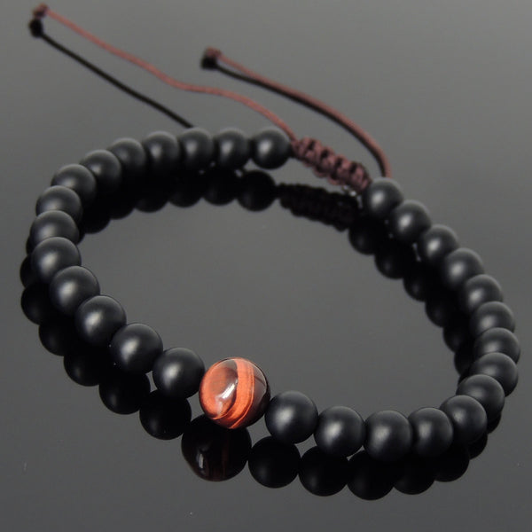 Men's Women Matte Black Onyx Red Tiger Eye Adjustable Braided Bracelet DiyNotion Handmade BR1051
