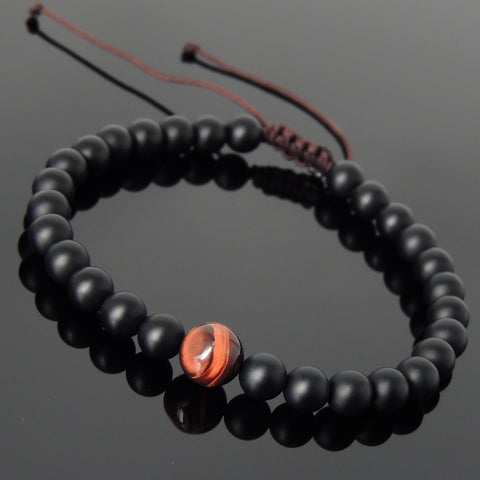 Men's Women Matte Black Onyx Red Tiger Eye Adjustable Braided Bracelet DiyNotion Handmade BR1051